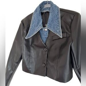 Black Faux Leather & Denim Long Sleeve Cropped Jacket Size M